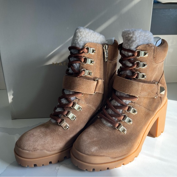 Marc Fisher Nature Suede Sherpa Trim Lug Sole Hiker Booties Sz 7.5 Med BNWB - Picture 2 of 15